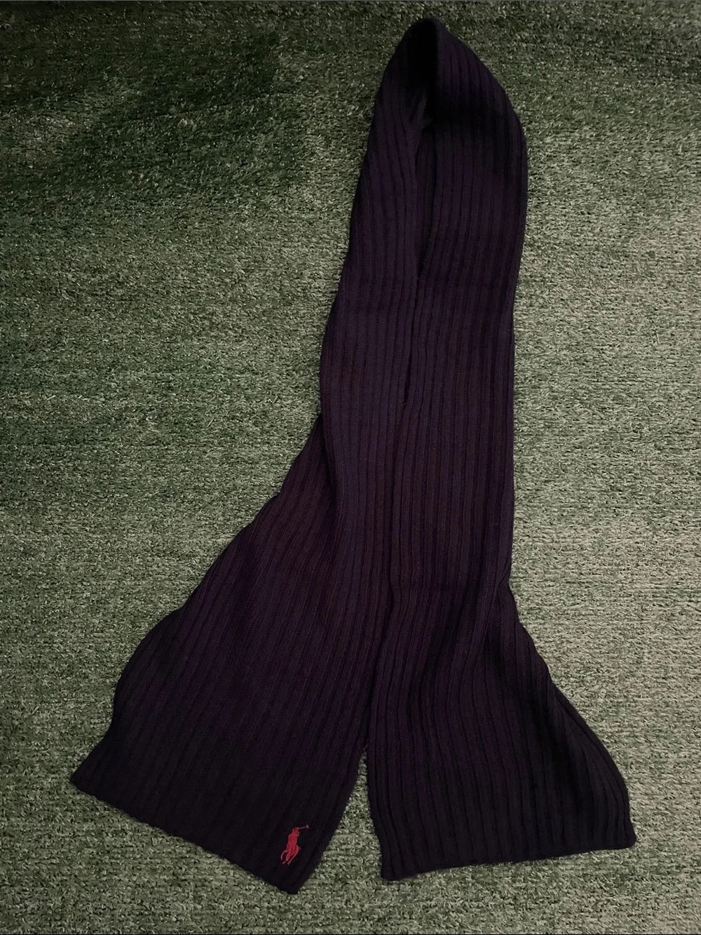 Ralph Lauren Navy Ribbed Knit Scarf with Red Polo Embroidery